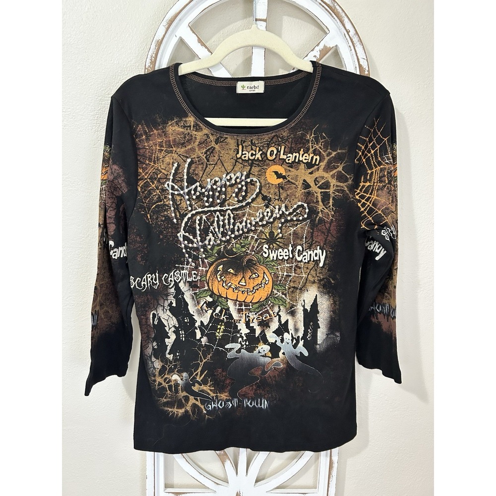 Y2K VTG Cactus Bay Small Bling Halloween whimsigoth 3/4 sleeve Jack o lantern